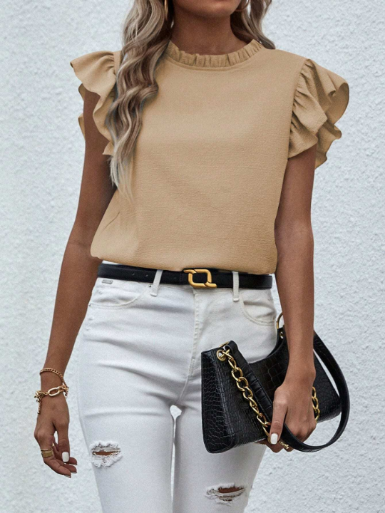 Plain Color Short Sleeve Shirt With Ruffle Trim