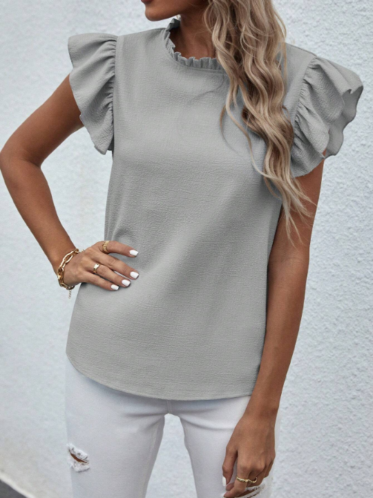 Solid Color Short Sleeve Shirt With Frill Edges