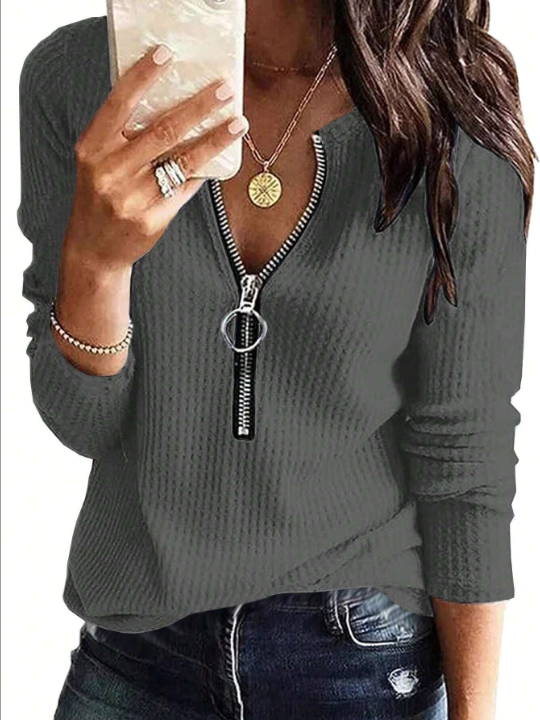 LUNE Women's Half-zip Waffle Knit Shirt With Zipper