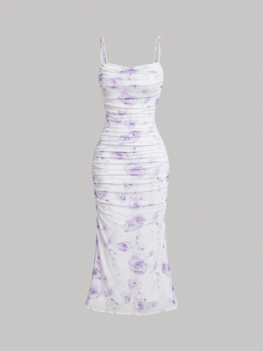 MOD Purple Rose Tie Dye Fishtail Summer Floral Print Ruched Cami Dress