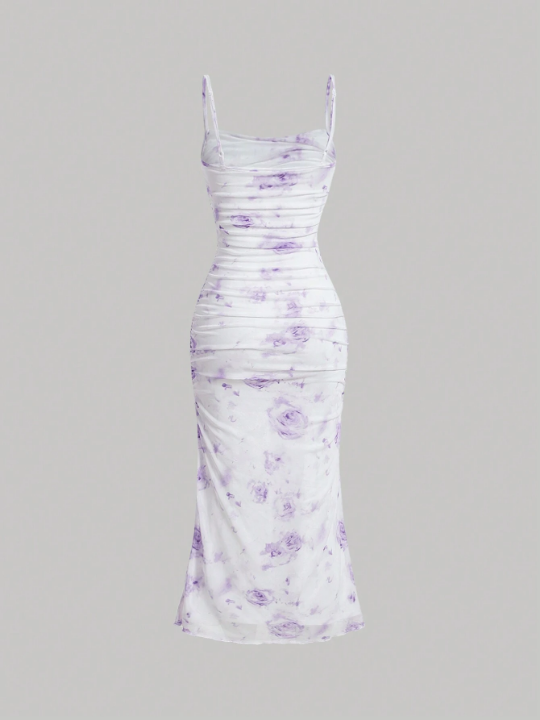 MOD Purple Rose Tie Dye Fishtail Summer Floral Print Ruched Cami Dress