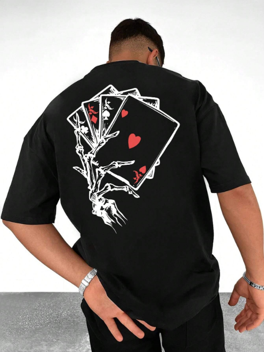 Men's Skull Hand & Poker Card Print T-shirt