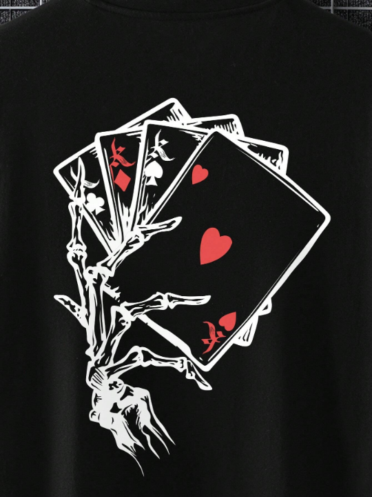 Men's Skull Hand & Poker Card Print T-shirt