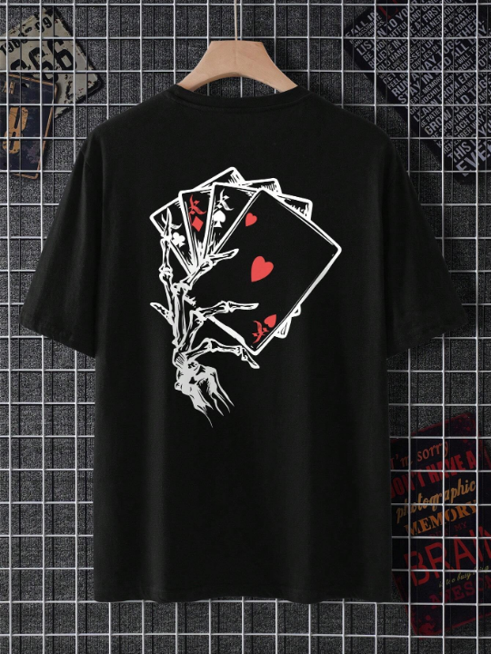 Men's Skull Hand & Poker Card Print T-shirt