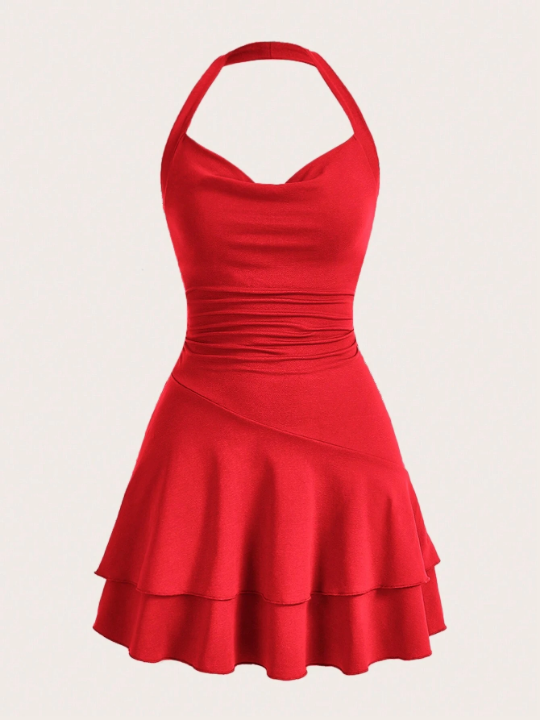 MOD Swing Knitted Sleeveless Halter Neck Double Layer Slim Fit Women's Red Dress