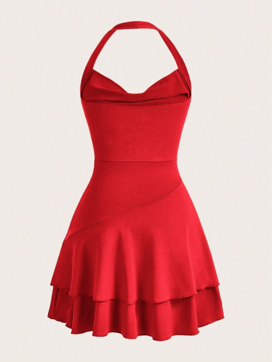 MOD Swing Knitted Sleeveless Halter Neck Double Layer Slim Fit Women's Red Dress