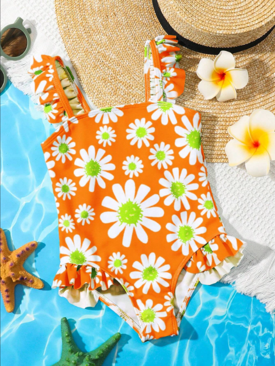 Young Girl Floral Printed One-Piece Swimsuit