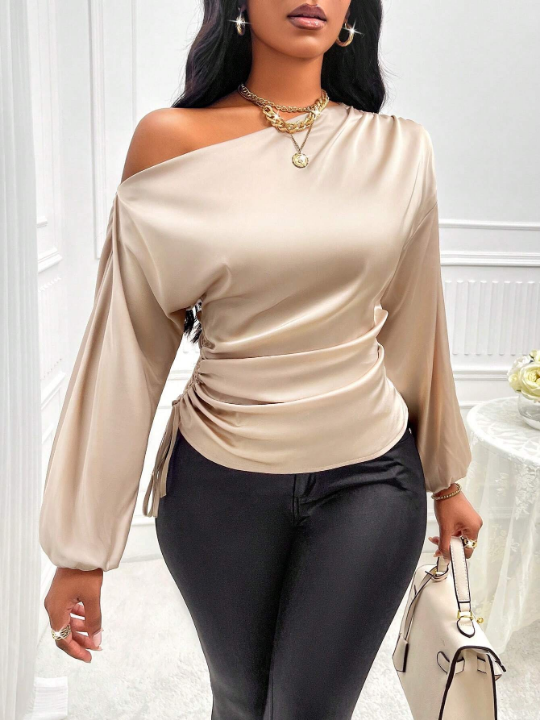 Slayr Asymmetrical Neck Drawstring Side Satin Blouse