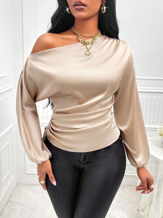 Slayr Asymmetrical Neck Drawstring Side Satin Blouse