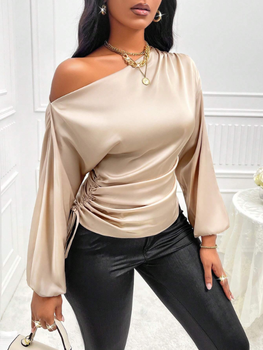 Slayr Asymmetrical Neck Drawstring Side Satin Blouse