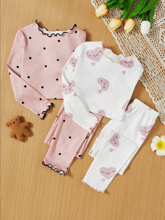 SHEIN Young Girl 2pcs Heart & Polka Dot Print Lettuce Trim PJ Set