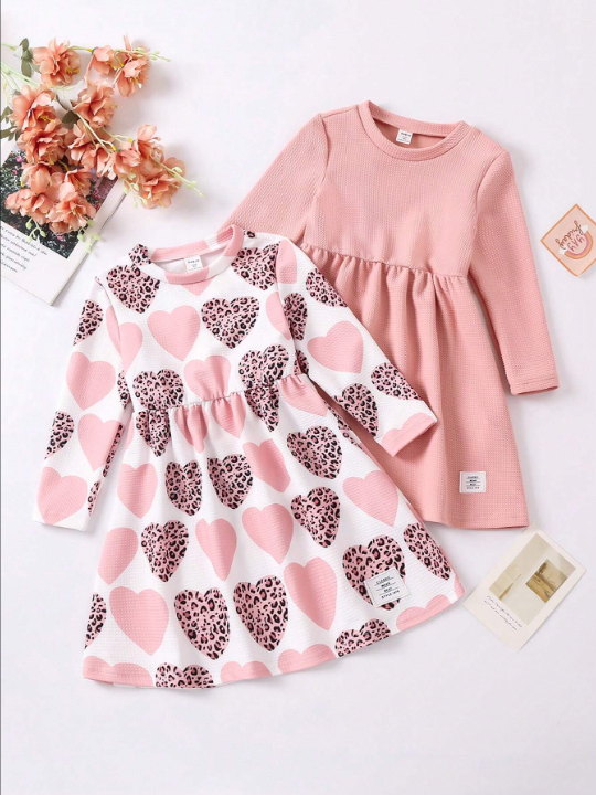 Young Girl Elegant Heart & Leopard Print Long Sleeve Dress For Party, Autumn Winter