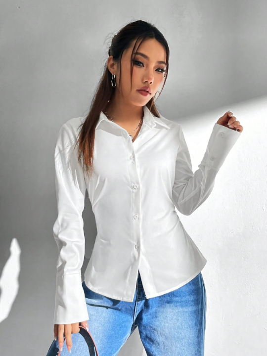 EZwear White Women ShirtWomen's White Waist Cinched Shirt With Folds