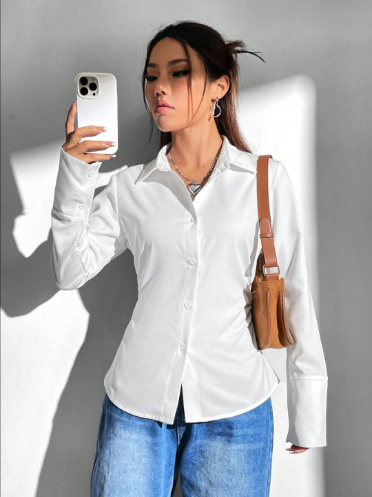 EZwear White Women ShirtWomen's White Waist Cinched Shirt With Folds