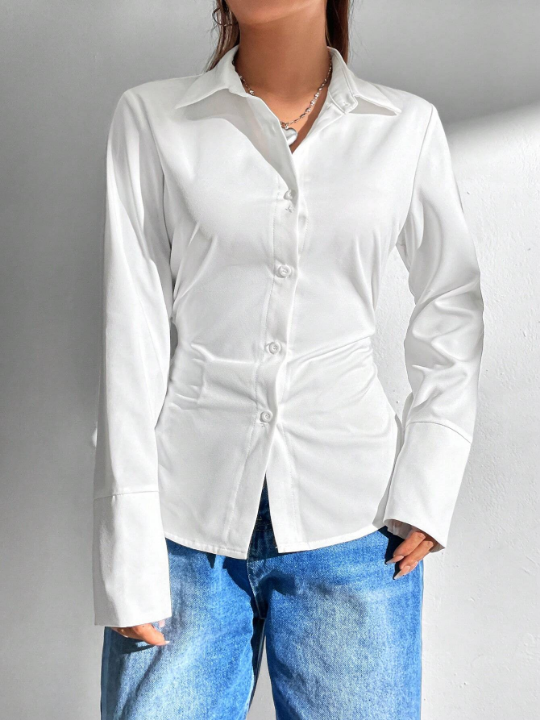 EZwear White Women ShirtWomen's White Waist Cinched Shirt With Folds