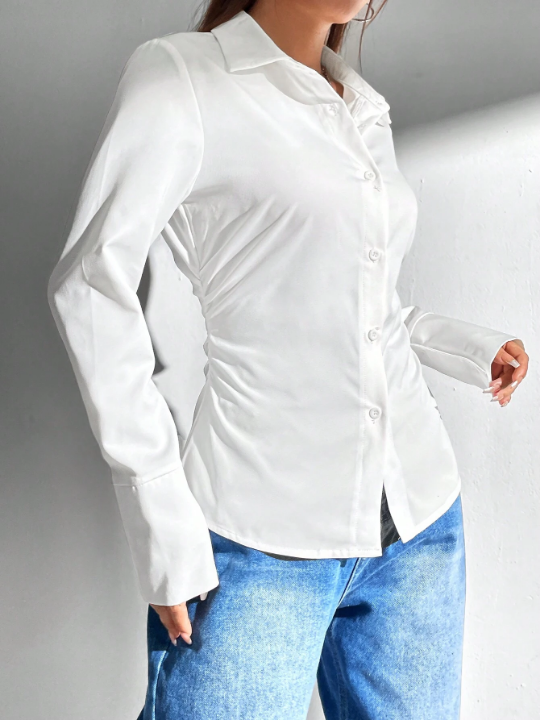 EZwear White Women ShirtWomen's White Waist Cinched Shirt With Folds