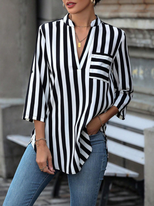 LUNE Striped Print Pocket Patched Curved Hem Popover Blouse