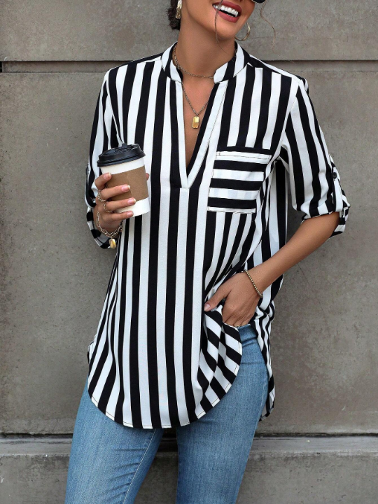 LUNE Striped Print Pocket Patched Curved Hem Popover Blouse