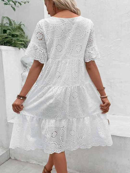 VCAY Eyelet Embroidery Ruffle Hem Dress Without Belt