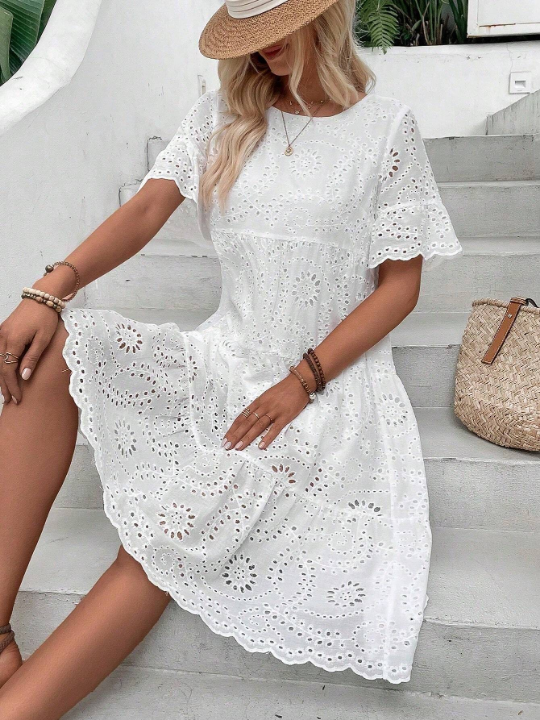 VCAY Eyelet Embroidery Ruffle Hem Dress Without Belt