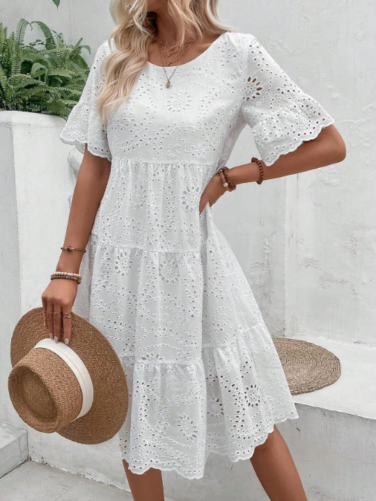 VCAY Eyelet Embroidery Ruffle Hem Dress Without Belt