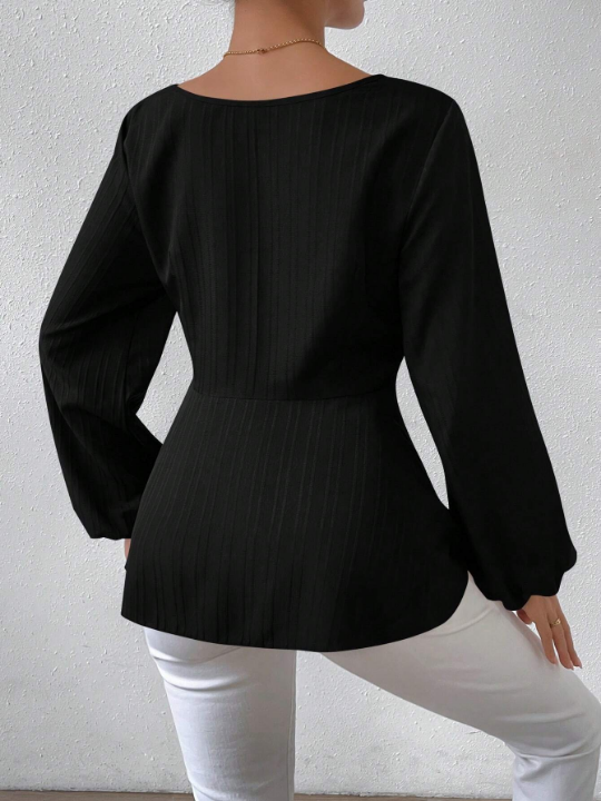 Women's Round Neckline Waist-Cinching Lantern Sleeve Blouse