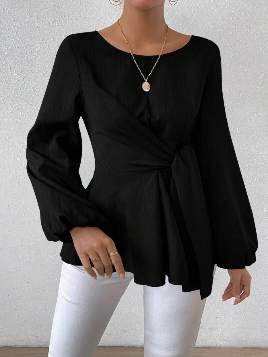 Women's Round Neckline Waist-Cinching Lantern Sleeve Blouse