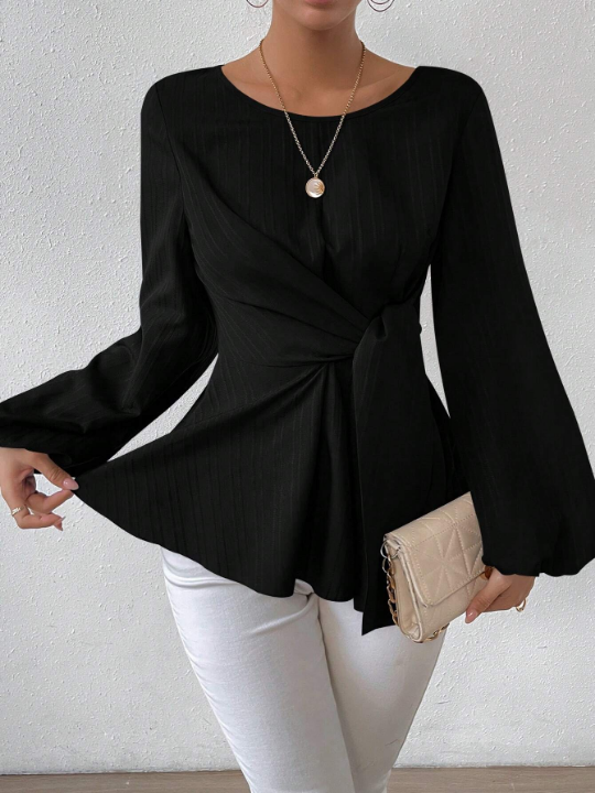 Women's Round Neckline Waist-Cinching Lantern Sleeve Blouse