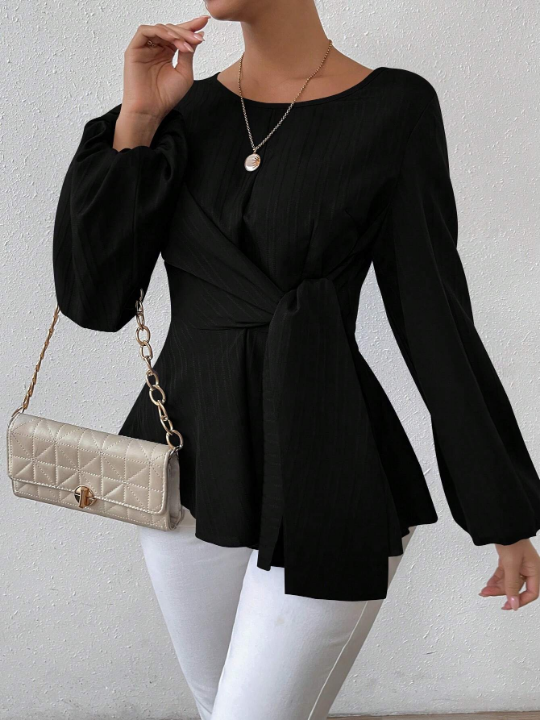 Women's Round Neckline Waist-Cinching Lantern Sleeve Blouse