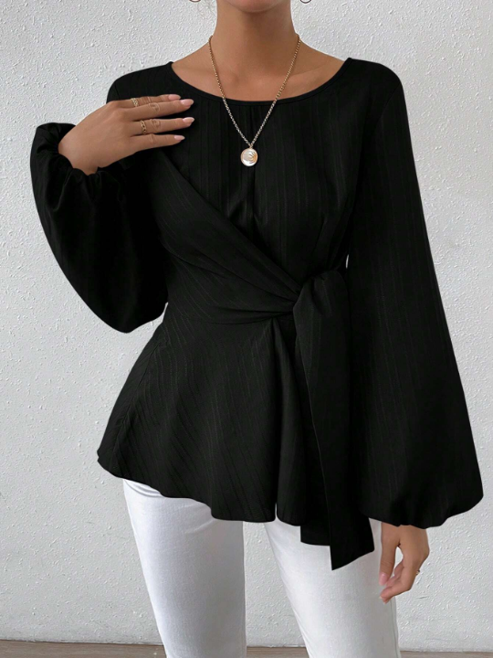 Women's Round Neckline Waist-Cinching Lantern Sleeve Blouse