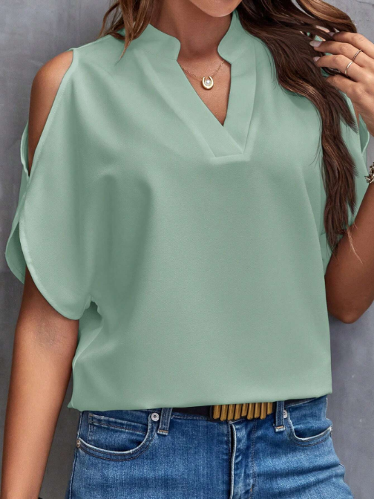 Clasi Women's Solid Color Shirt With Notched Off-the-shoulder Neckline