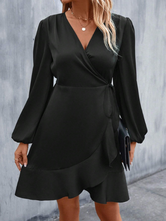 Lantern Sleeve Tie Side Wrap Satin Dress