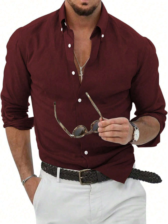 Men's Solid Color Button-down Long Sleeve Casual Shirt