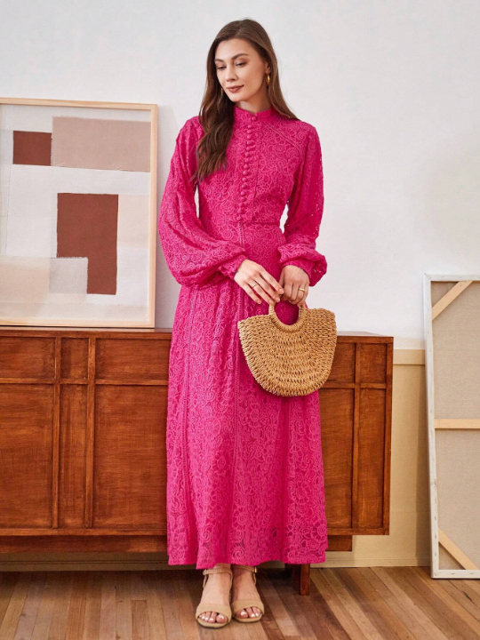 Anewsta Ladies' Long Sleeve Lace Rose Pink Dress