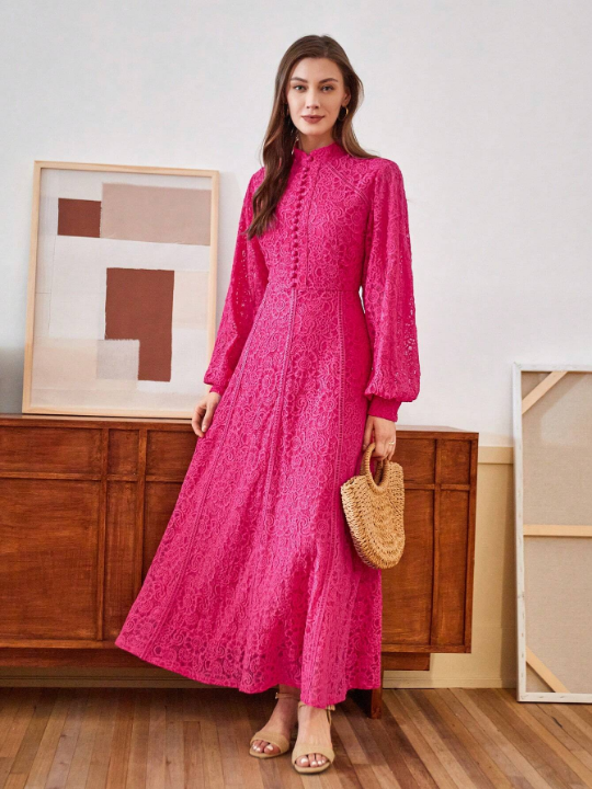 Anewsta Ladies' Long Sleeve Lace Rose Pink Dress