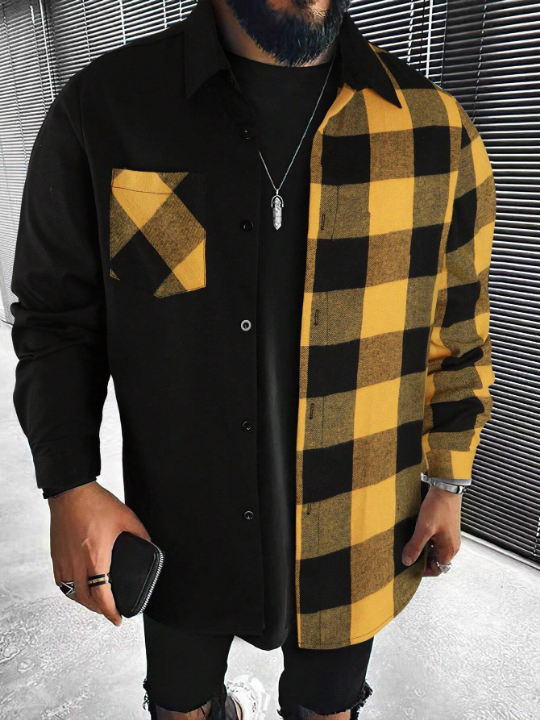 Manfinity Homme Men's Patchwork Plaid Chest Pocket Long Sleeve Shirt