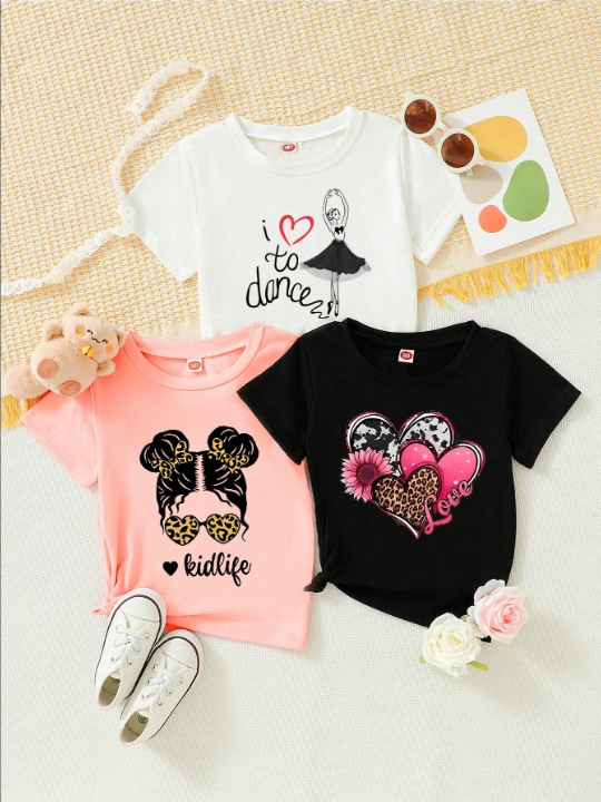 Young Girl 3pcs/Set Cartoon Printed Short Sleeve T-Shirts