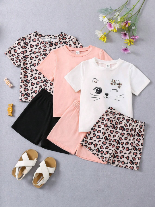 Young Girl 3 Sets Of Leopard Pattern Cartoon T-Shirt And Shorts