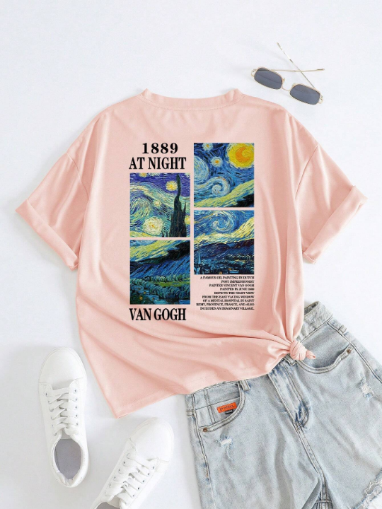 Oil Painting & Slogan Print Short Sleeve T-shirt