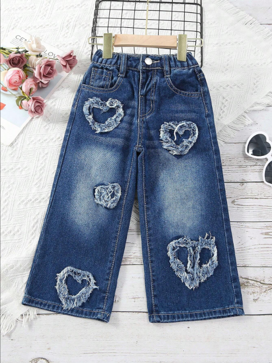 Young Girl Heart Pattern Wide Leg Jeans