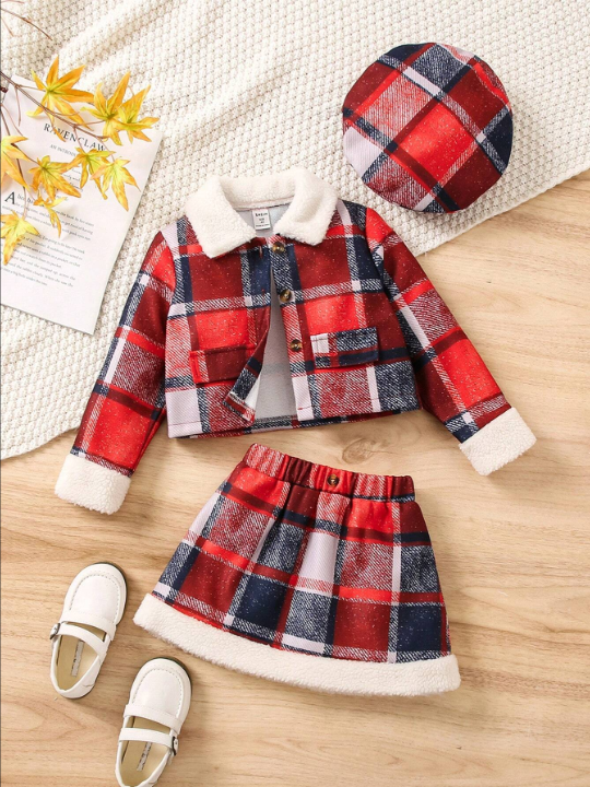 SHEIN Toddler Girls' Fuzzy Plaid Jacket And Skirt Set For Autumn/winter