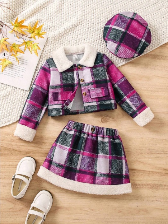 SHEIN Toddler Girls' Fuzzy Decorated Plaid Jacket And Skirt Set For Autumn/winter