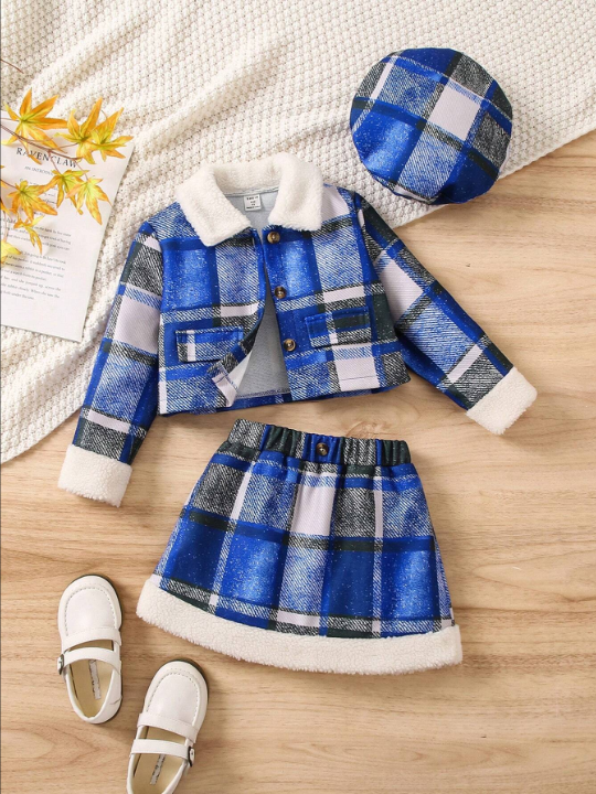 SHEIN Girls' Fuzzy Decor Plaid Jacket And Skirt Set For Winter