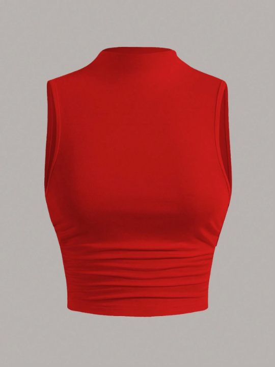 EZwear Summer Out Stand Collar Pleated Red Vest Top