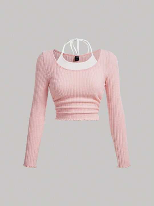 MOD Color Block Spliced 2 In 1 Long Sleeve Pink And White Halter Neck T-Shirt