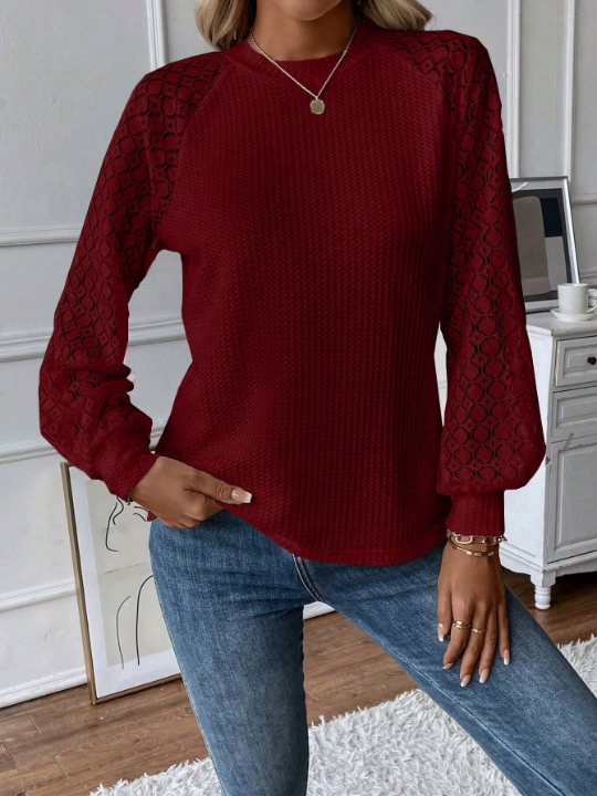 LUNE Lace Patchwork Raglan Sleeve Top