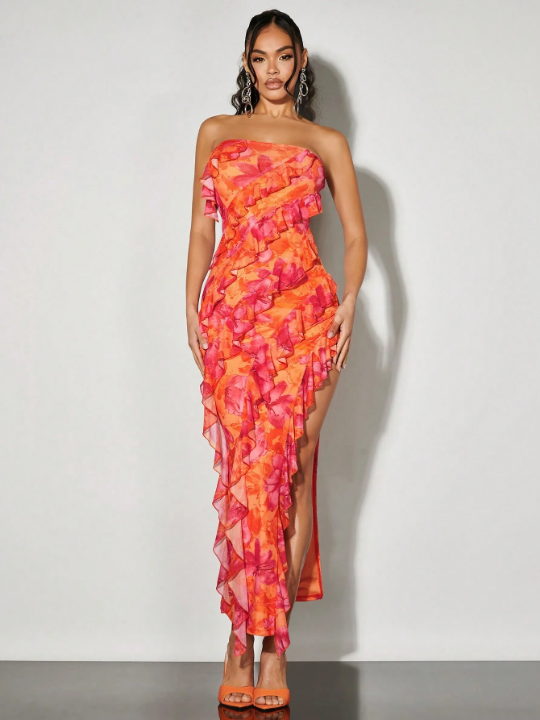 BAE Orange-Red Romantic Elegant Strapless Mermaid Long Dress With Complex Layered Rose Floral Design, Ruffle Hem, Slit For Party, Date, Vacation, Prom, Going Out And Summer Sexy Style