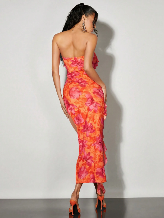 BAE Orange-Red Romantic Elegant Strapless Mermaid Long Dress With Complex Layered Rose Floral Design, Ruffle Hem, Slit For Party, Date, Vacation, Prom, Going Out And Summer Sexy Style