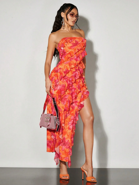 BAE Orange-Red Romantic Elegant Strapless Mermaid Long Dress With Complex Layered Rose Floral Design, Ruffle Hem, Slit For Party, Date, Vacation, Prom, Going Out And Summer Sexy Style