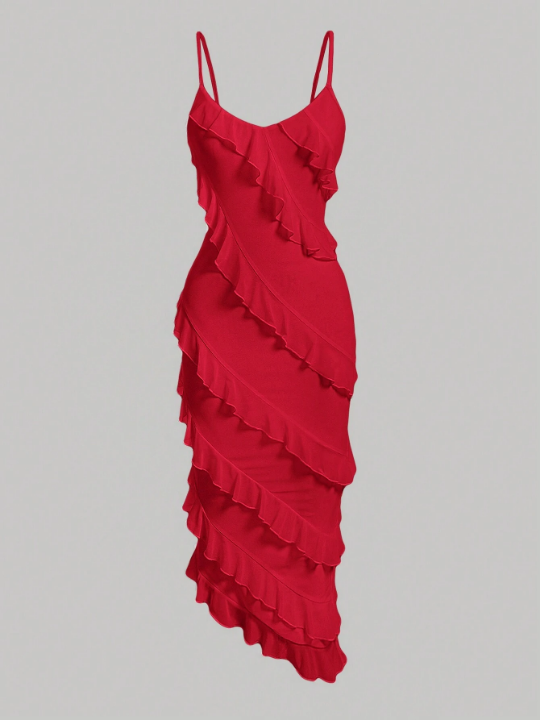 MOD Asymmetrical Hem Cami Red Valentine's Day Multi-Layered Lotus Leaf Long Dress With Ruffle Trim